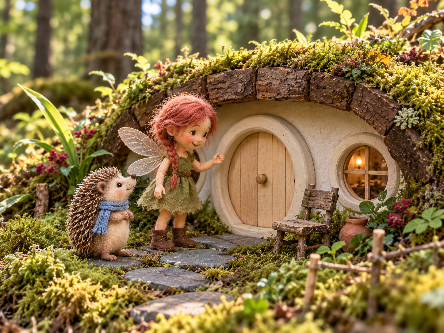A fairy and a hedgehog beside a glowing woodland home