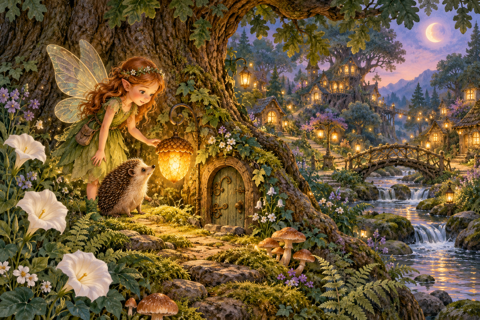 A fairy and a hedgehog beside a glowing woodland home